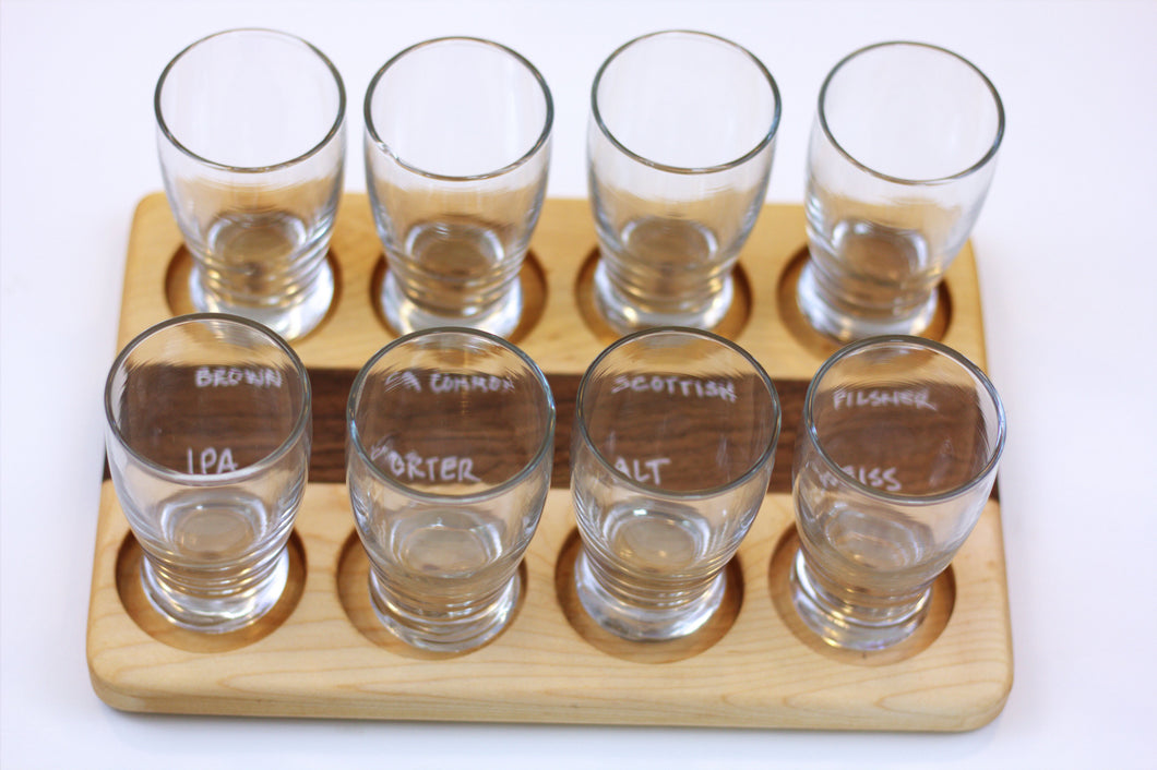 JTWoodworks beer tasting board with glasses, chalkboard organizer will accommodate eight of your favorite beverages or foods to sample with friends. 